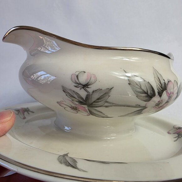 Manor House Spring Glory Gravy Boat & Underplate Pink & White Floral Gray Leaves - Picture 5 of 16